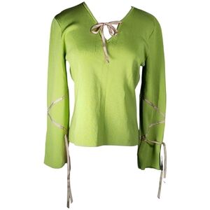 Boho Renfen Sweater Top Rayon Knit V-neck Ribbon Ties Slit Cuff Unique Pop-over